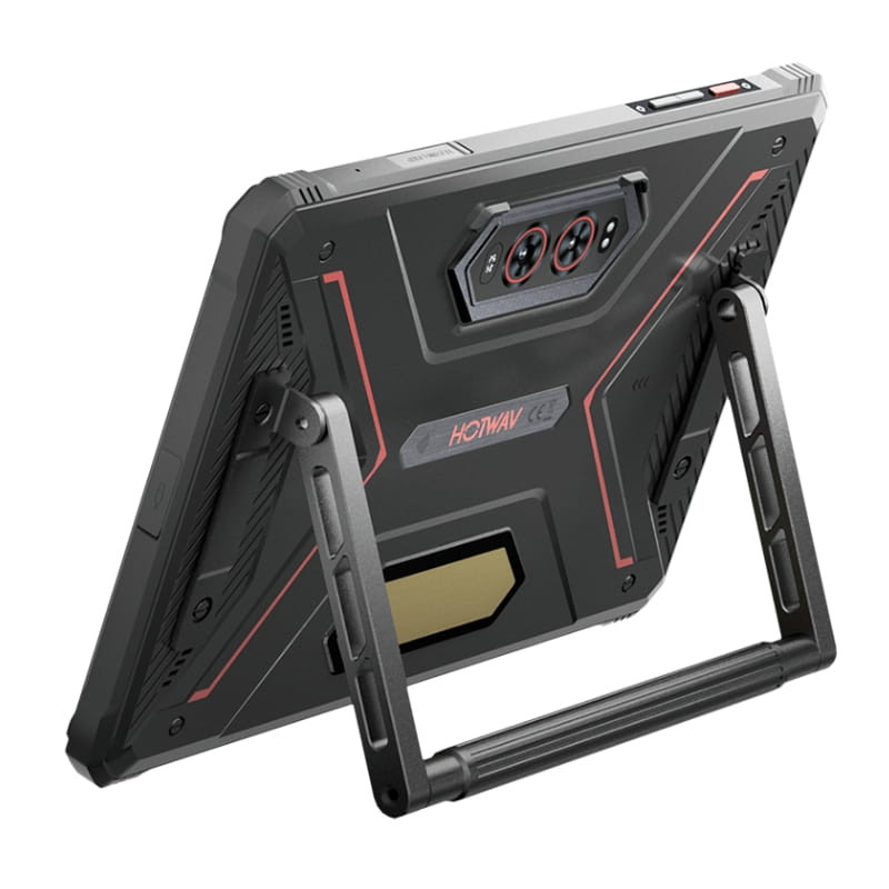 Hotwav R9 Ultra 11 pulgadas rojo rugerizado con soporte trasero robusto, marcos reforzados, detalles en rojo y módulo de cámaras triple con tornillería